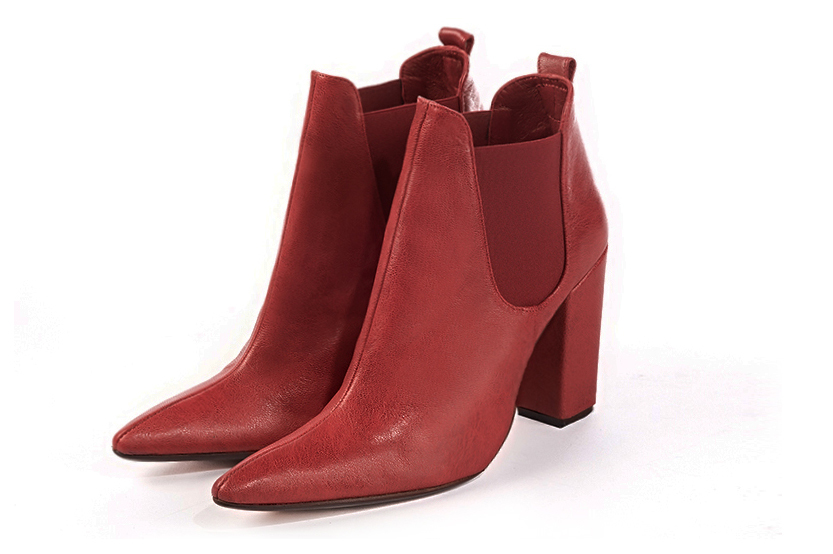 Scarlet red women's ankle boots, with elastics. Tapered toe. Very high block heels. Front view - Florence KOOIJMAN